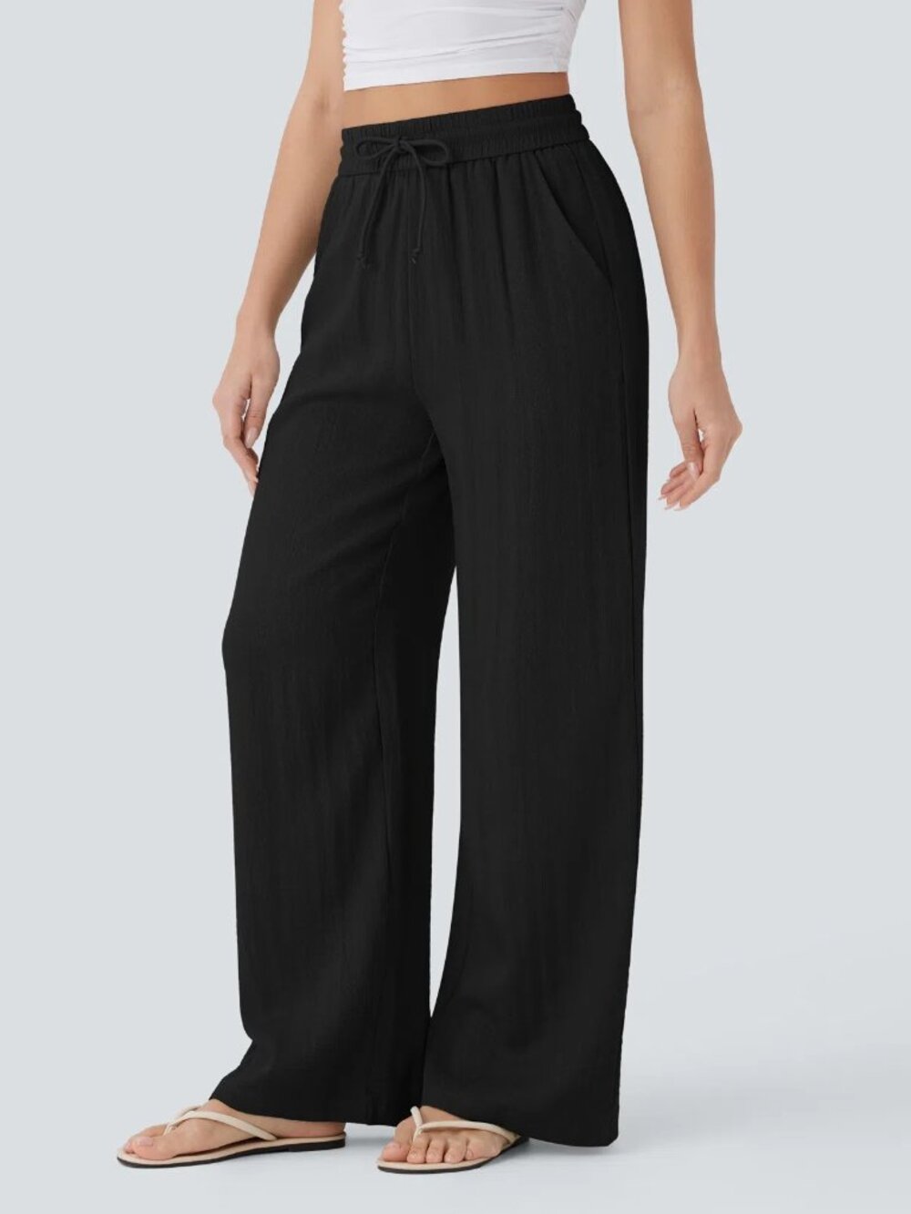Halara Black Wide Leg Pull On Pants Size Est. M Pockets Flowy Relaxed Casual